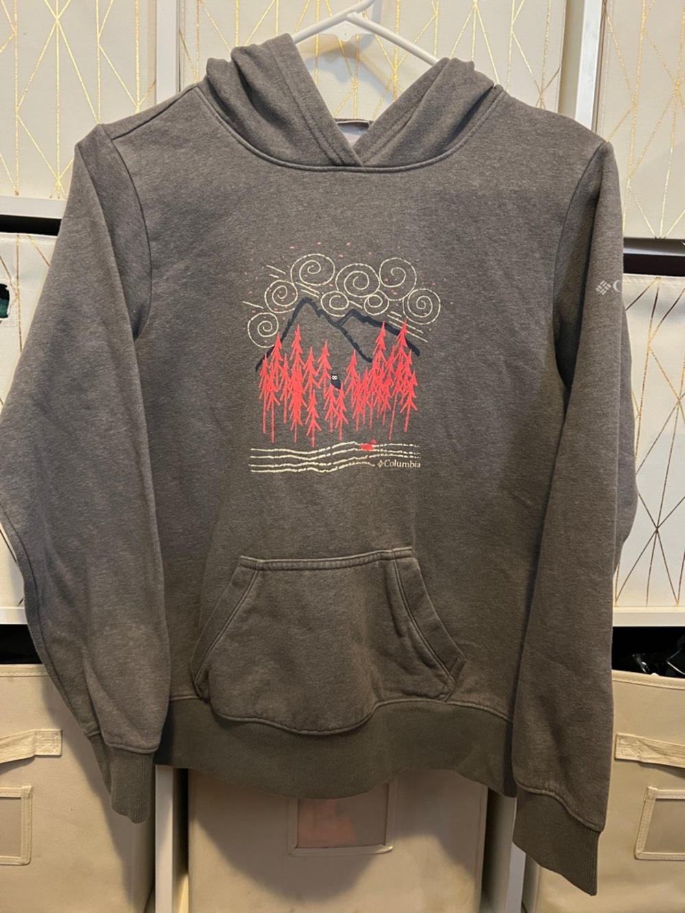 Columbia Gray Hoodie with Red Tree Graphic